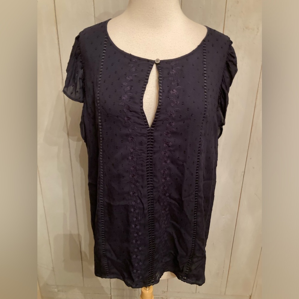 LOFT Blouse Black Rayon V Neck Button Flutter Sleeve Embroidered Detail Size-L